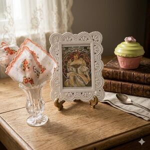 Vanity Set: Jean d’Orly Hankie, Cupcake Jar, Crystal Vase, Scalloped Frame